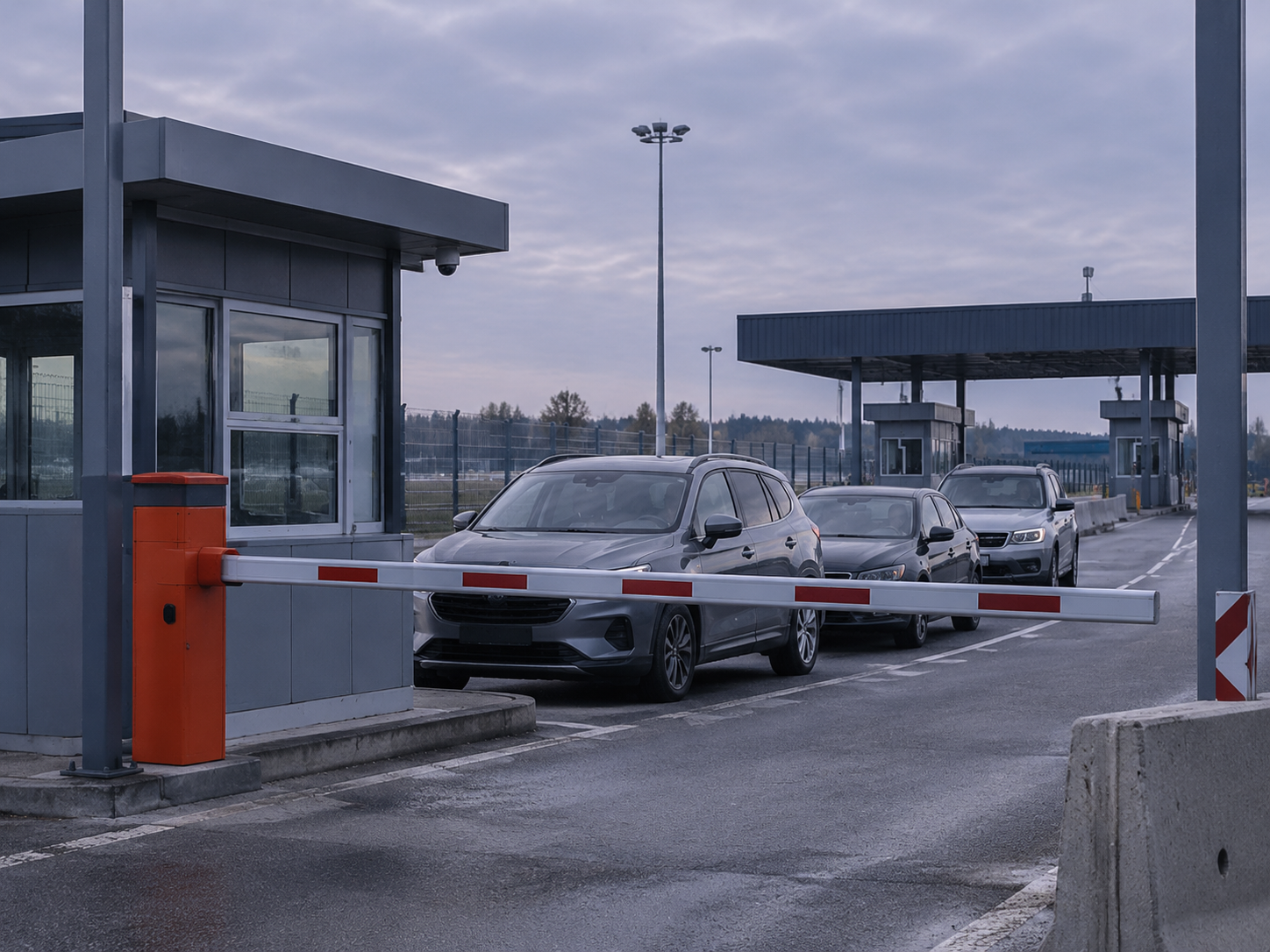 Kontrolné stanovište hraničného prechodu so závorou a čakajúcimi autami
